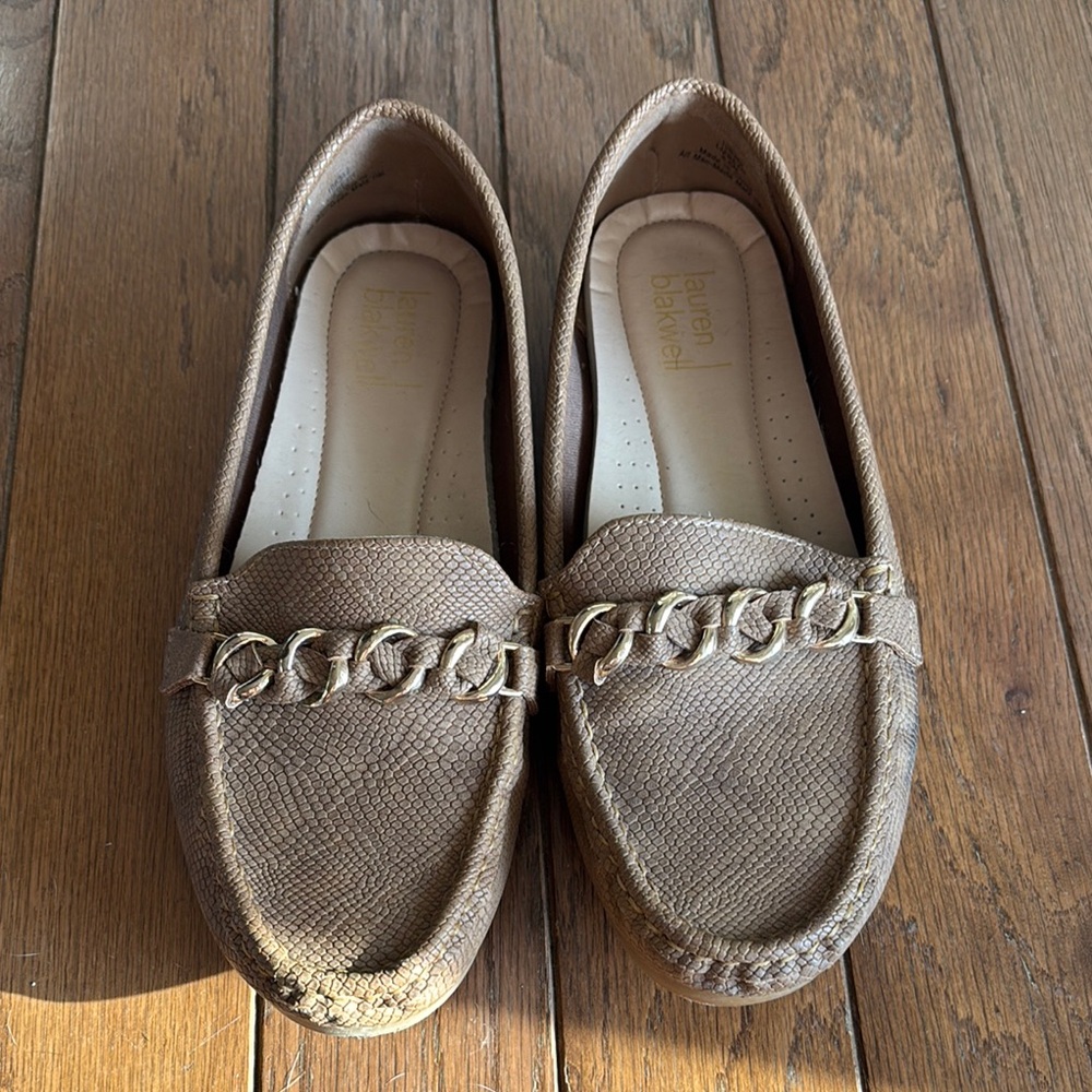 Brown Textured Loafers with Chain Detail